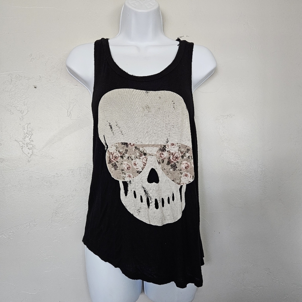 Neblina Womens Small Black Tank Top Skull Floral Aviator Sunglasses Soft Stretch